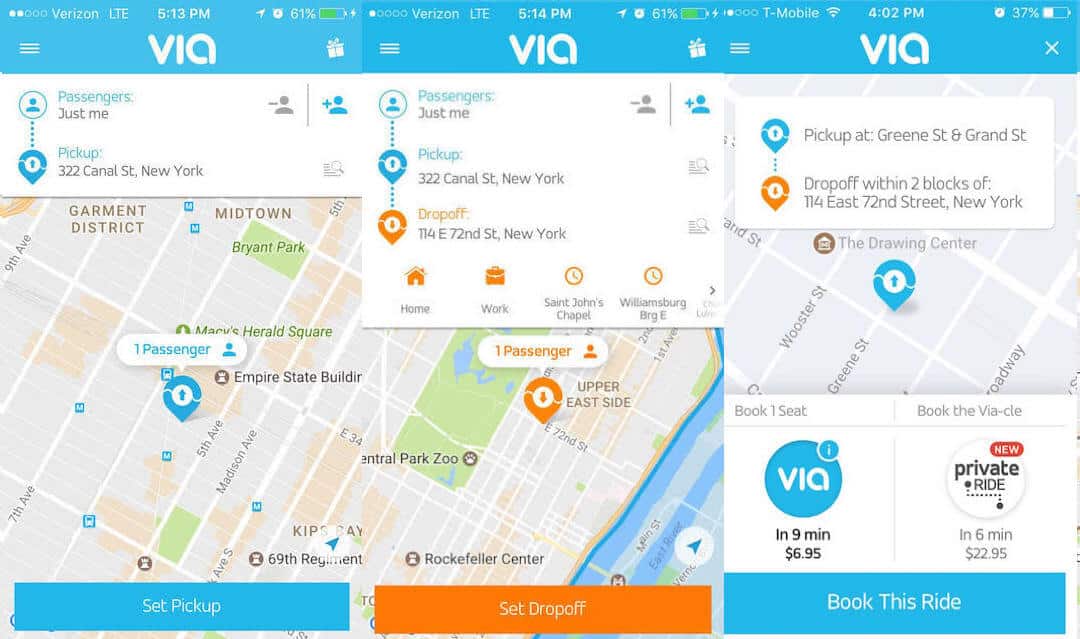 Screenshots of Via showing how you can request and order a ride