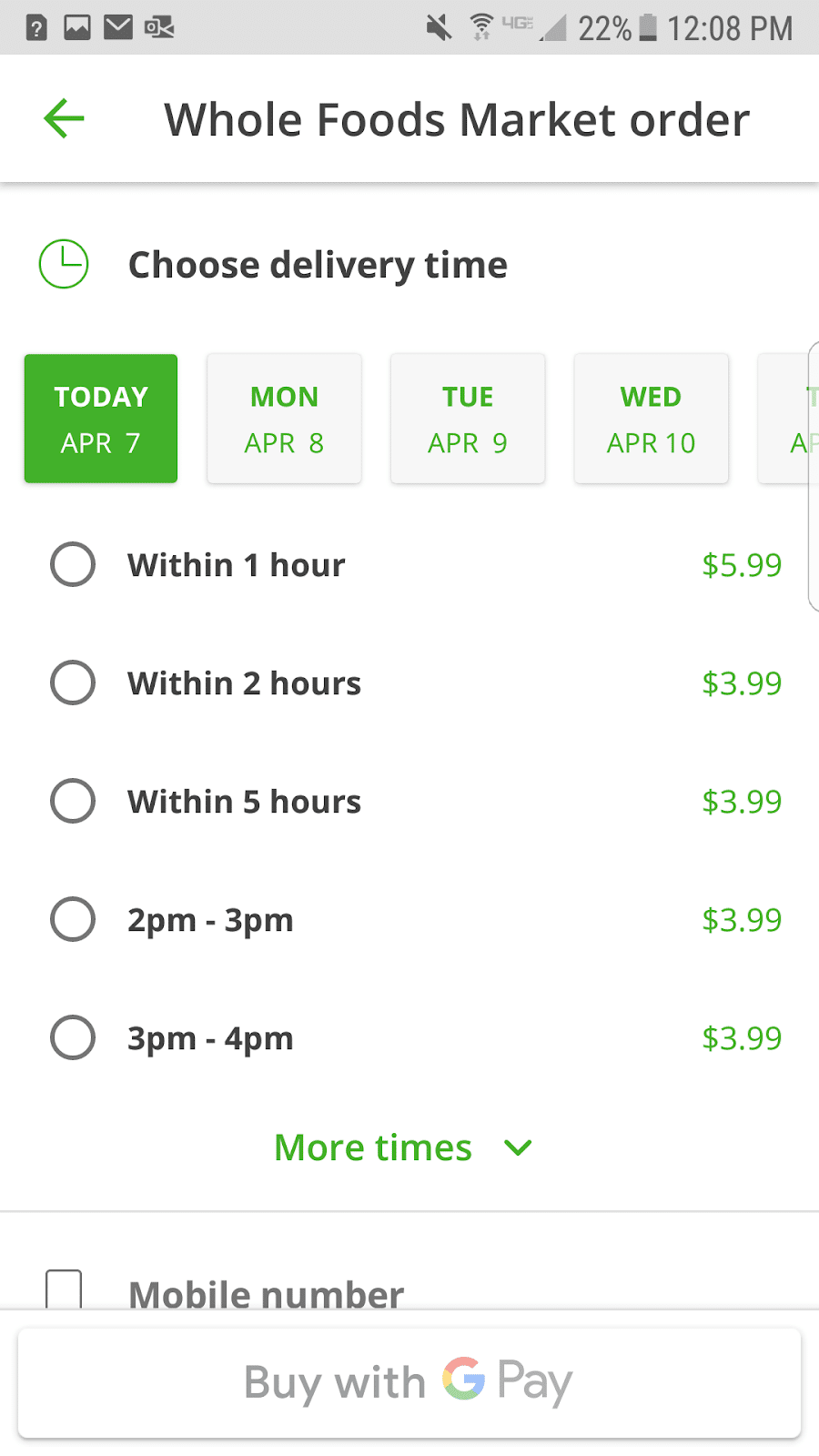 Instacart fees: Screenshot of delivery windows