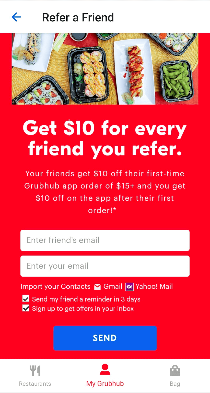 Send referral to friend to get Grubhub deals