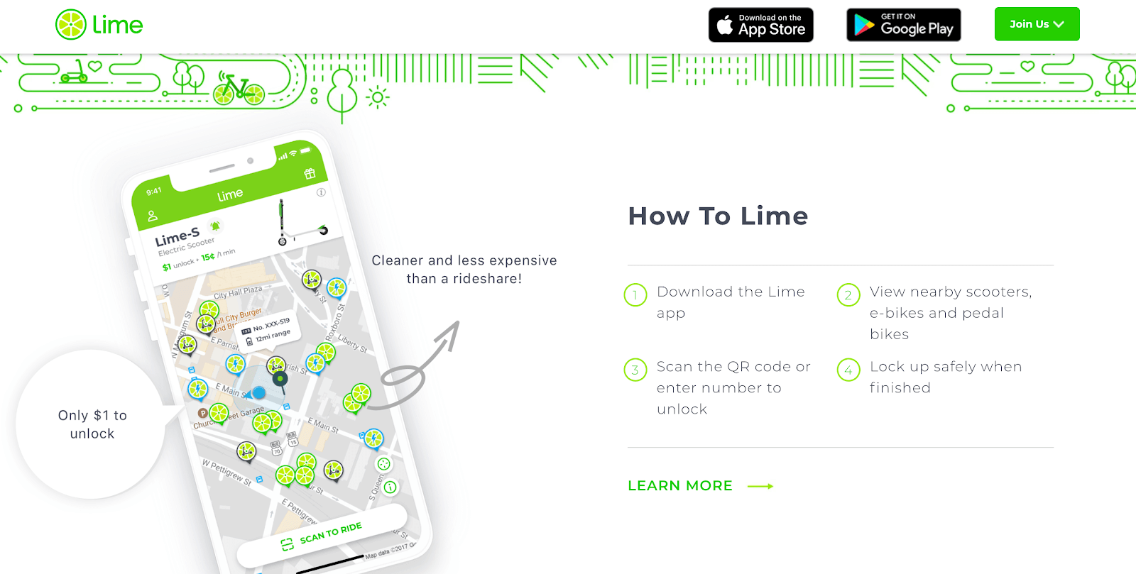 LimeBikes: a Lime webpage explaining how to use the service