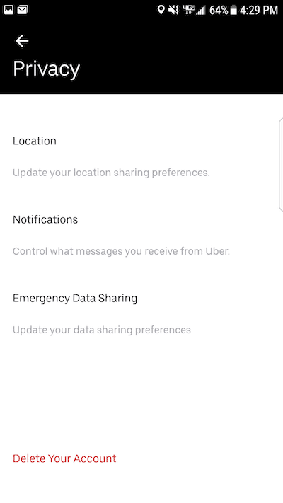 Delete Uber account: the app's privacy page with the delete account button