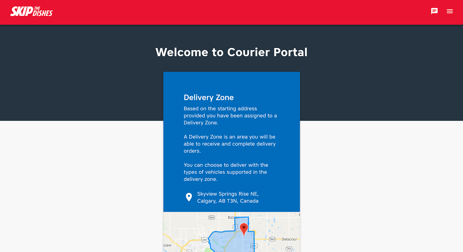 Screenshot of the courier portal for SkipTheDishes