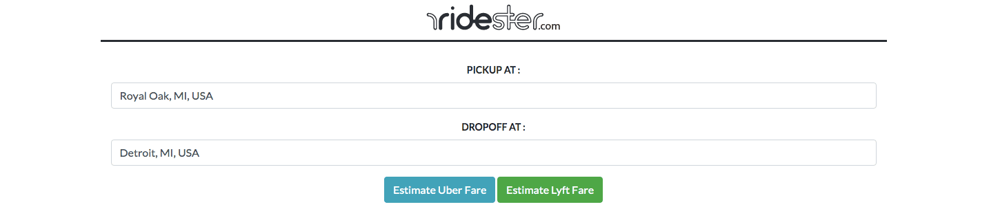 Ridester Uber fare estimate homepage