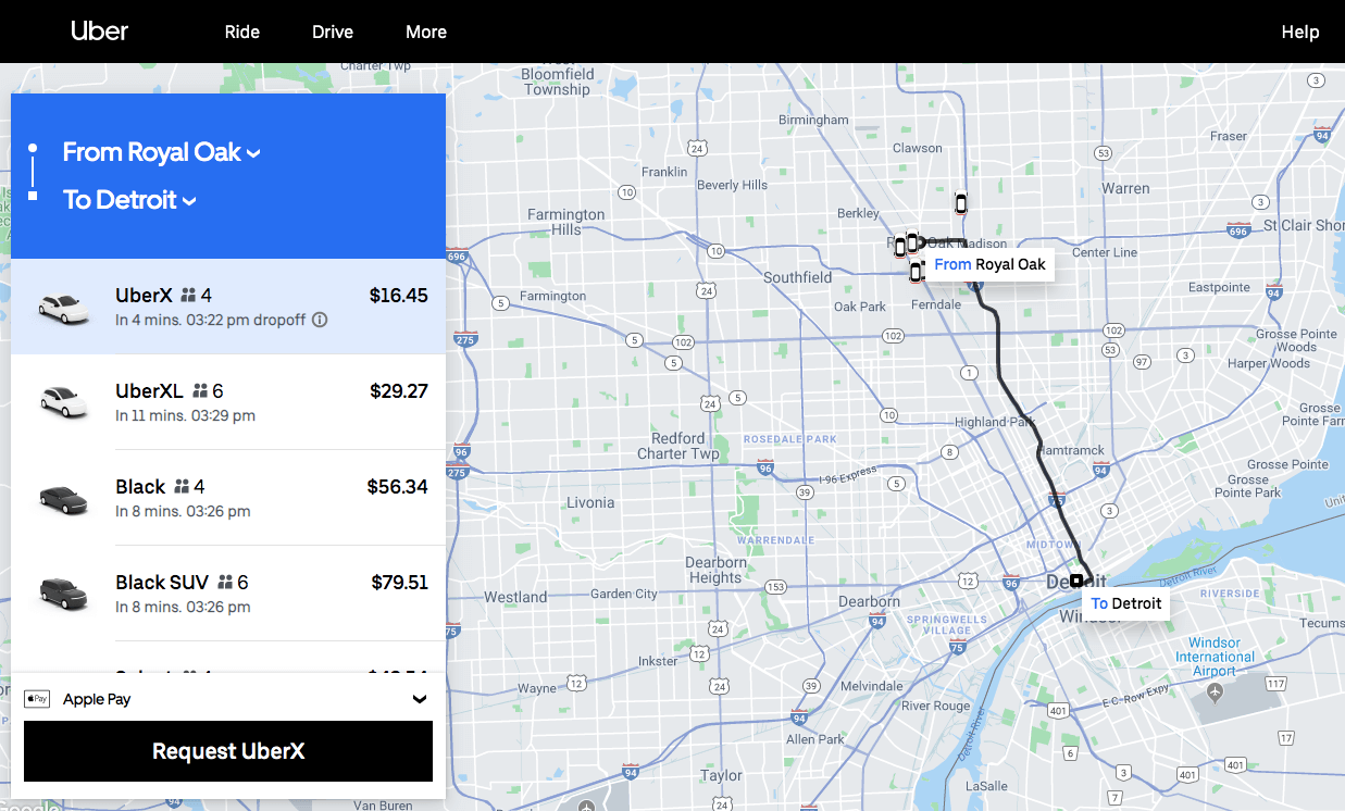 Request a ride from the Uber fare calculator screen