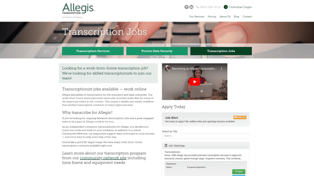 A screenshot of the allegis transcription homepage