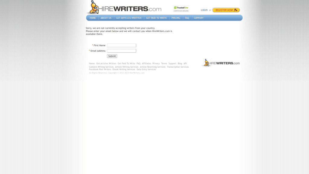 A screenshot of the hire writers homepage