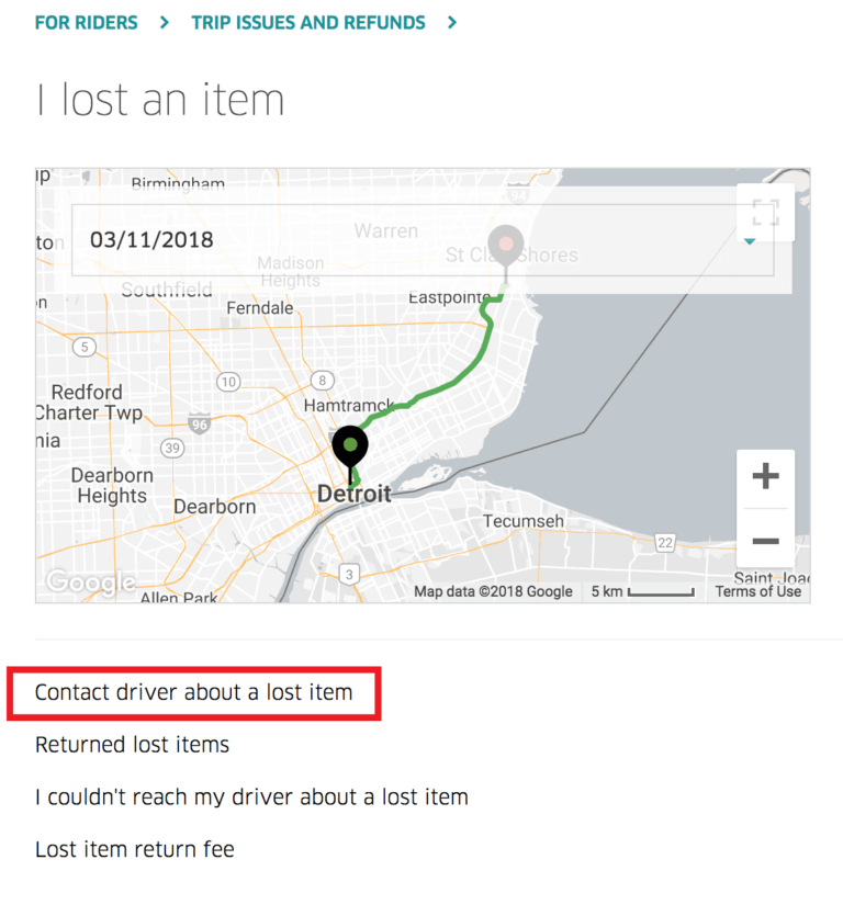 Uber chat: the "I lost an item" page on Uber