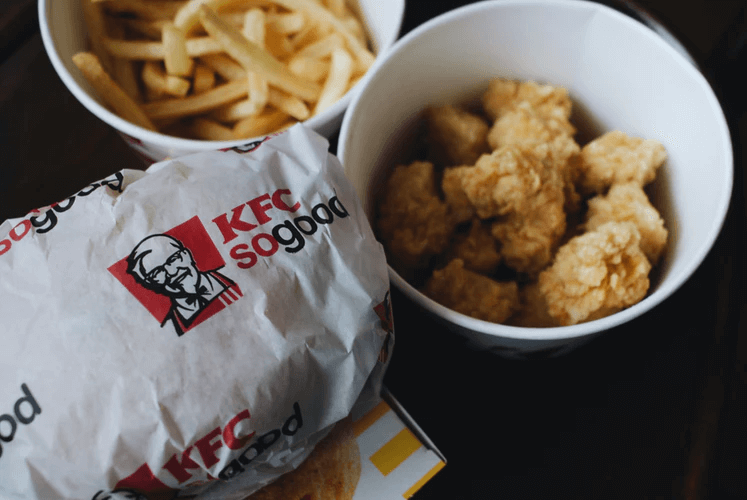 KFC chicken nuggets, sandwich, and fries