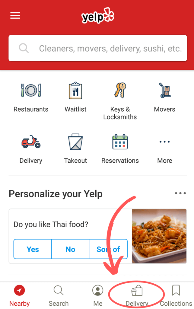 Screenshot of the Yelp delivery app