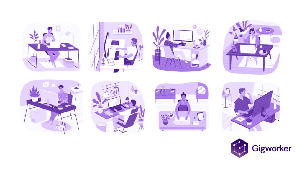 vector graphic showing an illustration of work-from-home jobs and working online
