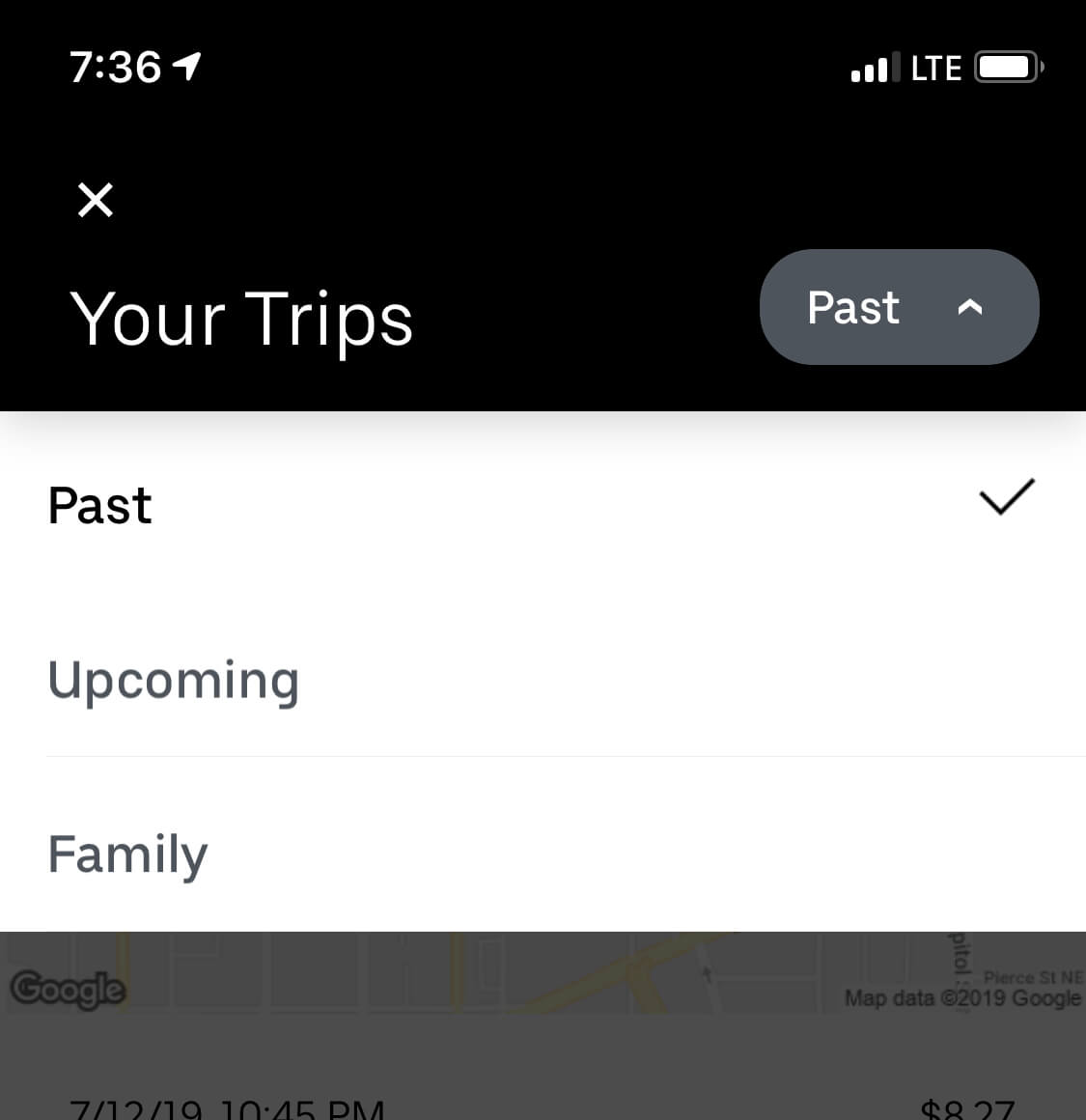 Schedule Uber: the app menu dropdown for "Your Trips"