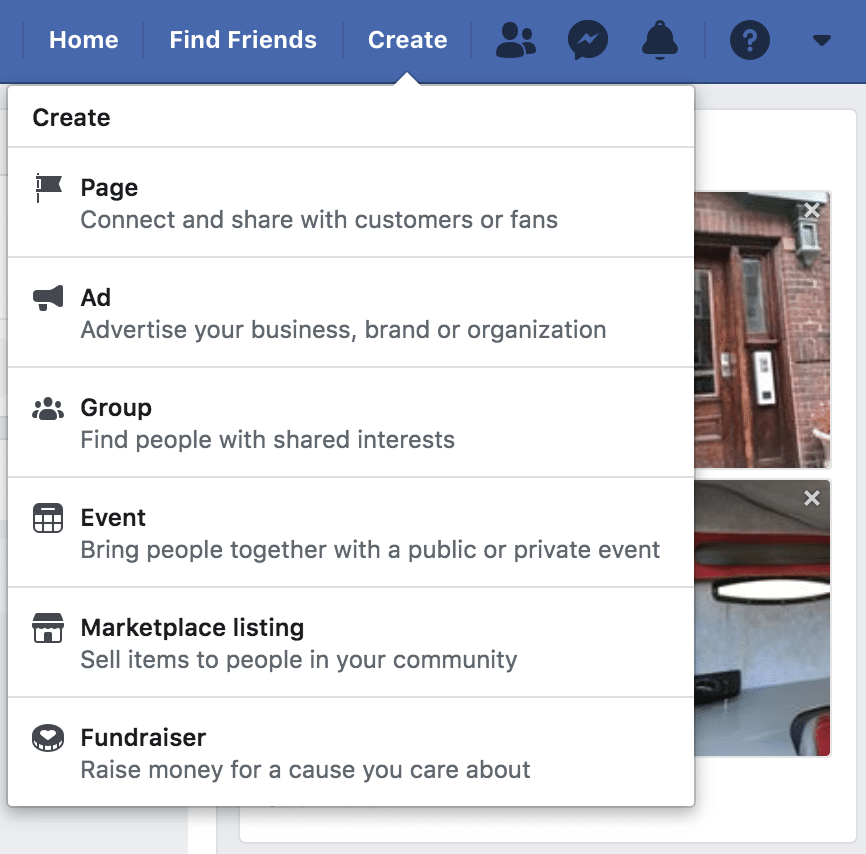 How to sell on Facebook: the "Create" dropdown menu on Facebook