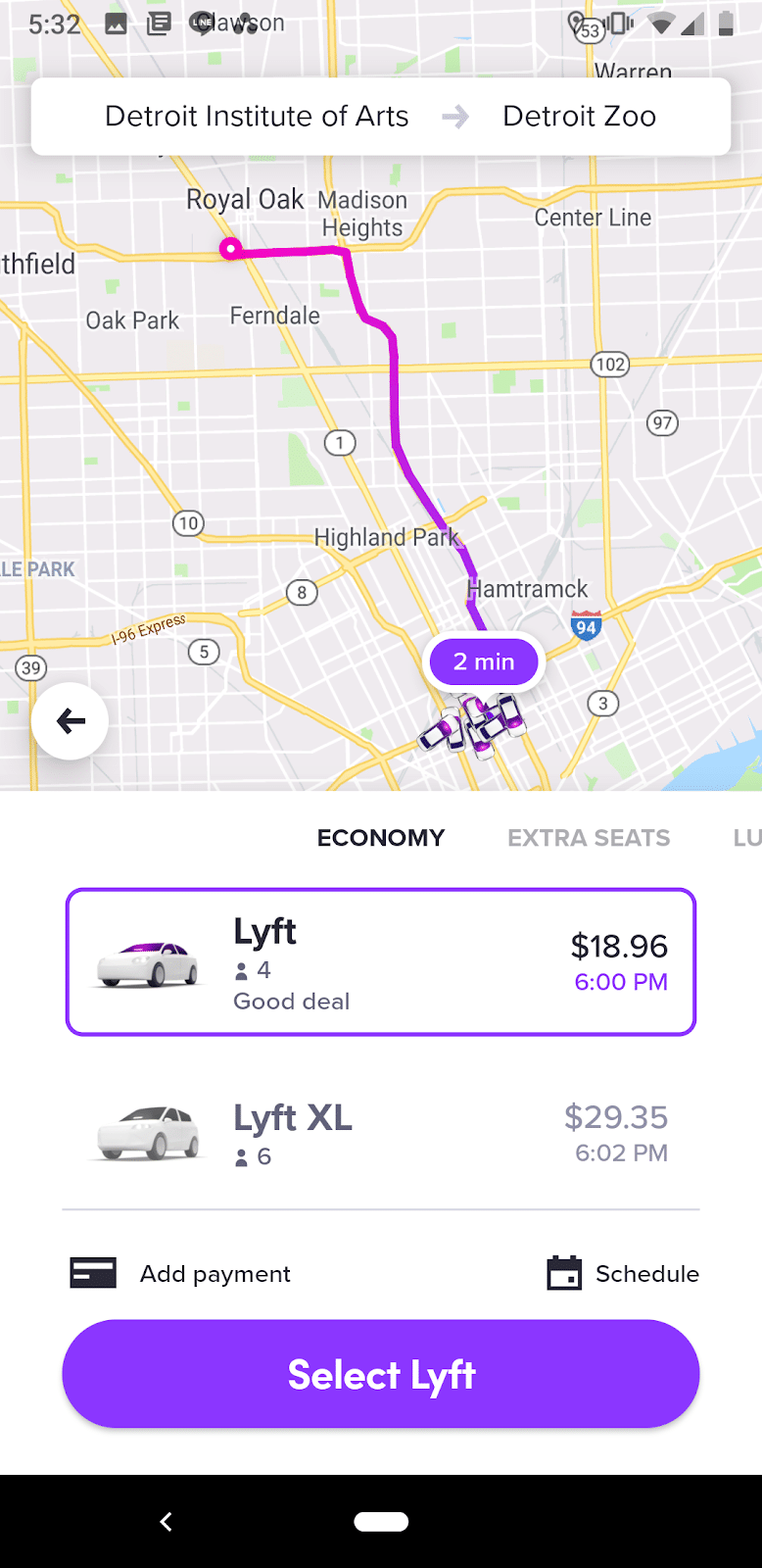 Price estimate for Lyft ride