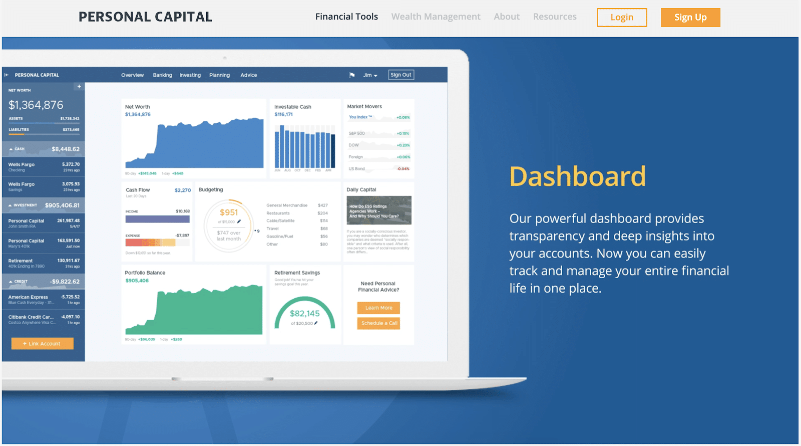 Personal Capital vs. Mint: a webpage showing Personal Capital's dashboard features