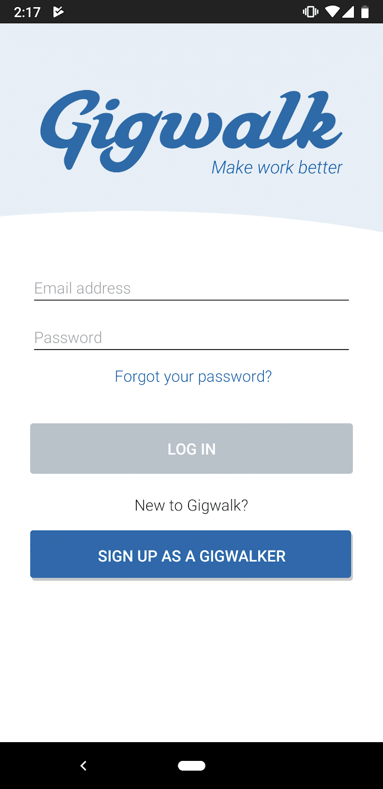 The Gigwalk signup page on the app