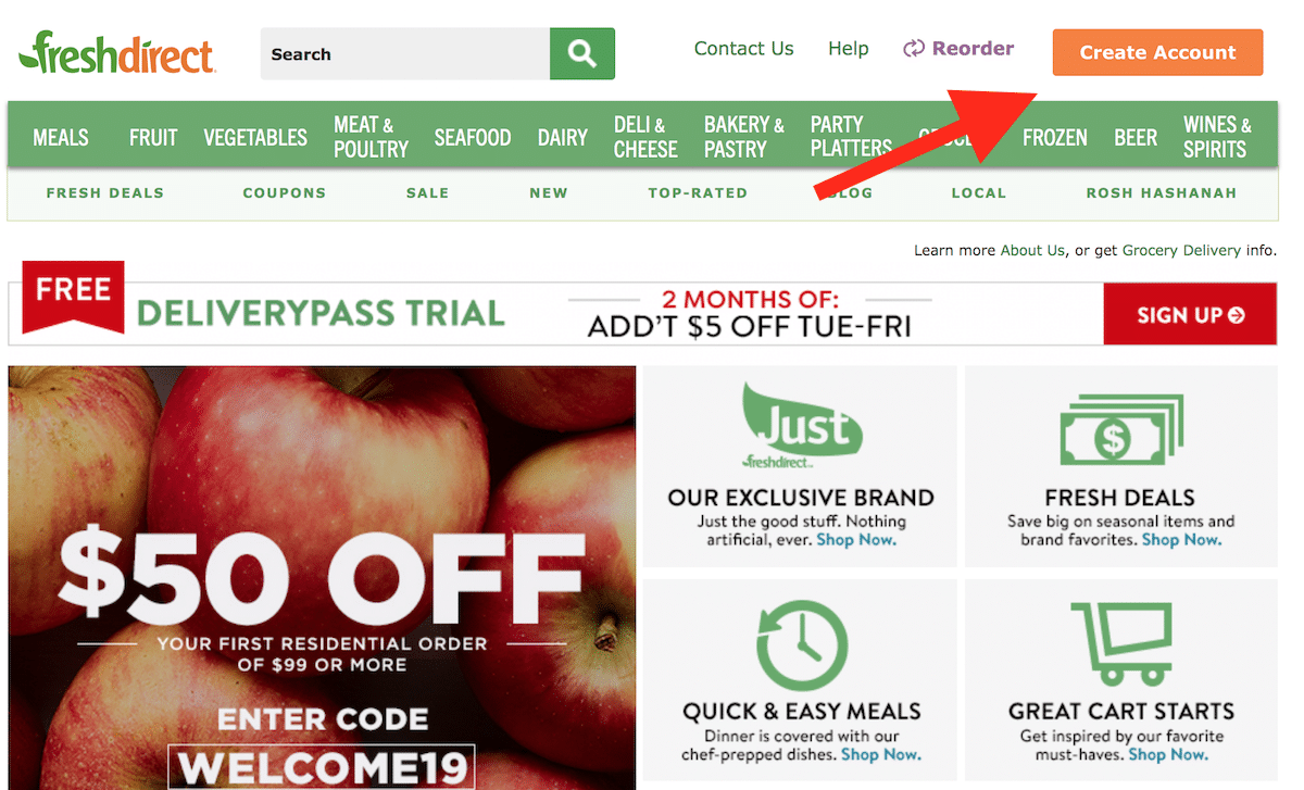 FreshDirect homepage with arrow pointing to "create account"