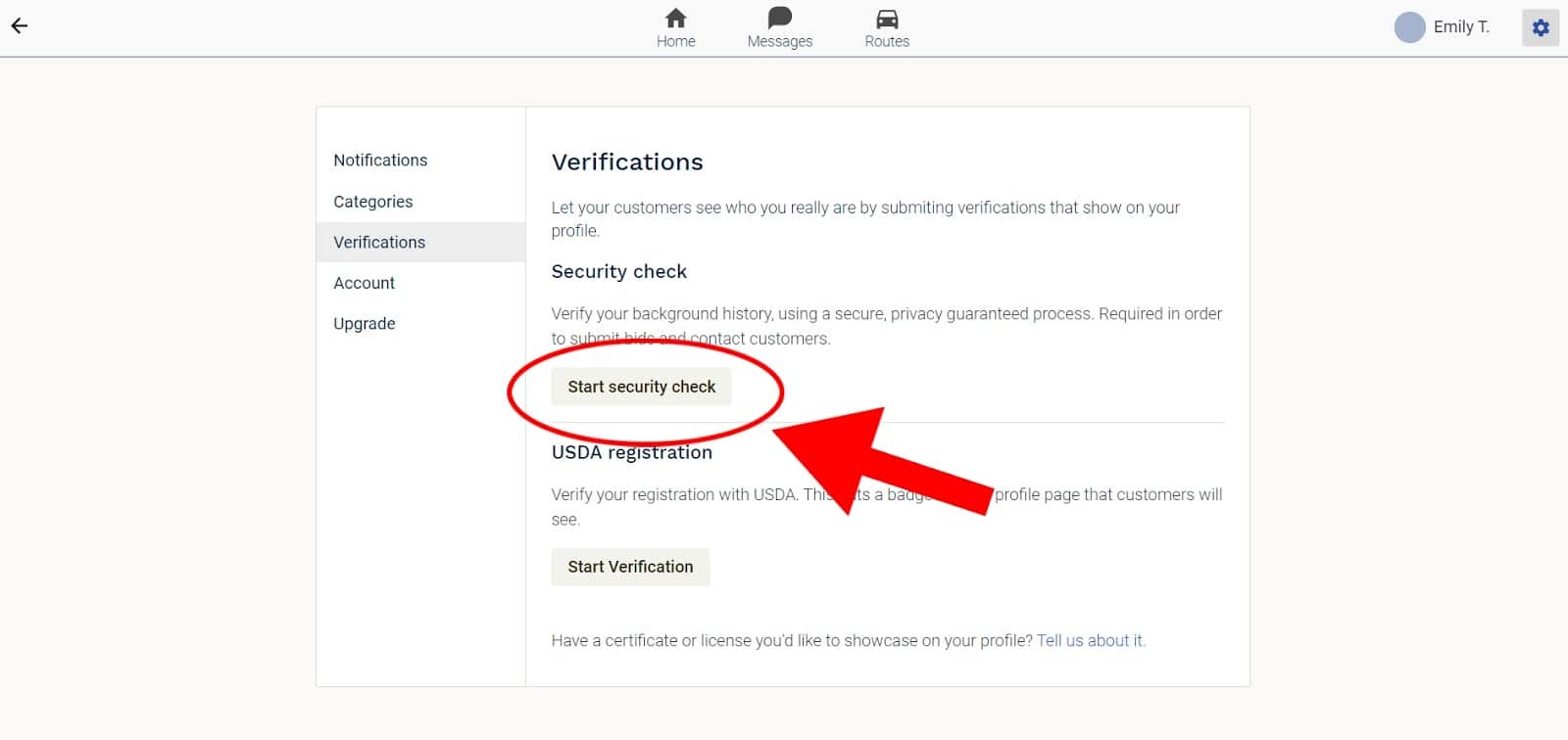 The "Start security check" button on the CitizenShipper driver registration webpage