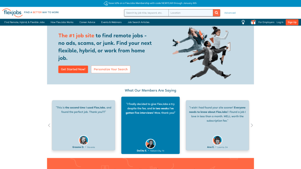A screenshot of the flexjobs homepage