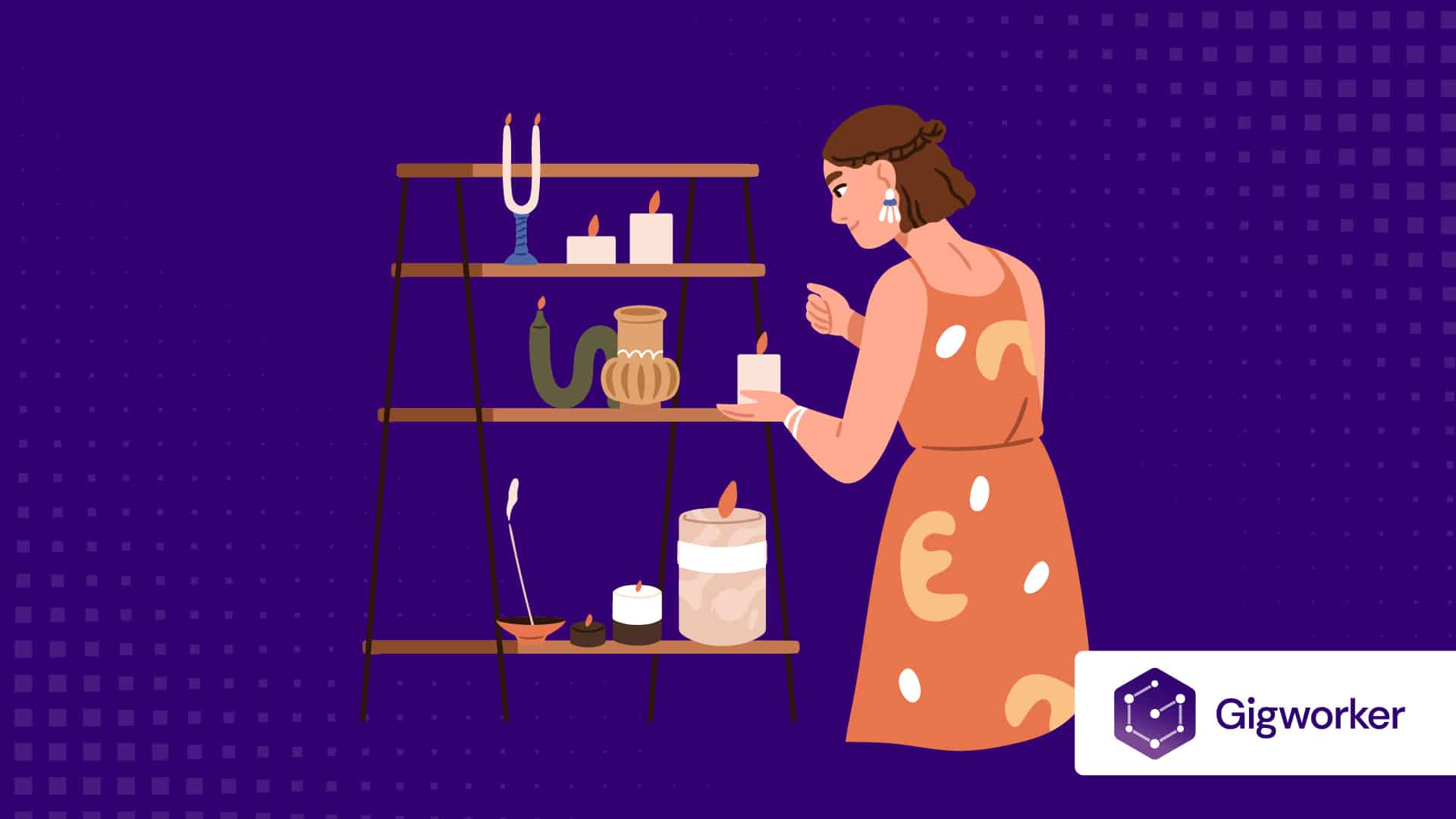 vector graphic showing an illustration of a woman selling candles to show how to start a candle business