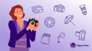 vector graphic showing an illustration of a woman holding a camera to show how to start a photography business