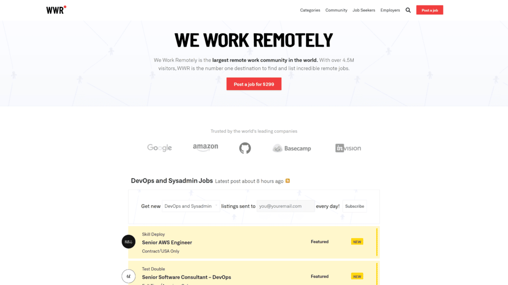 A screenshot of the we work remotely homepage