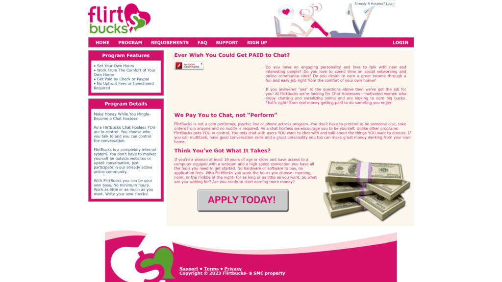 screenshot of the flirtbucks homepage