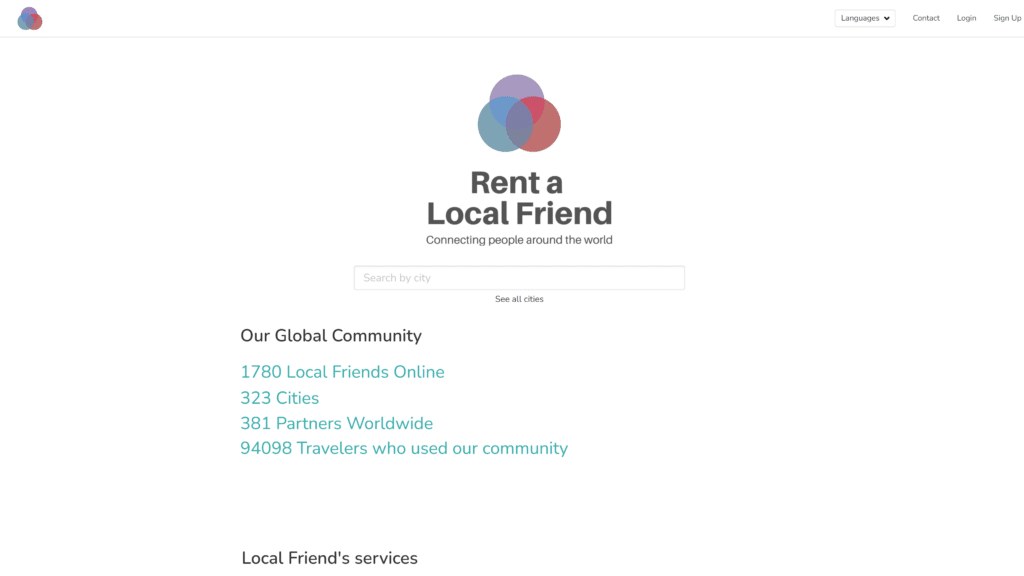 screenshot of the rent a local friend homepage