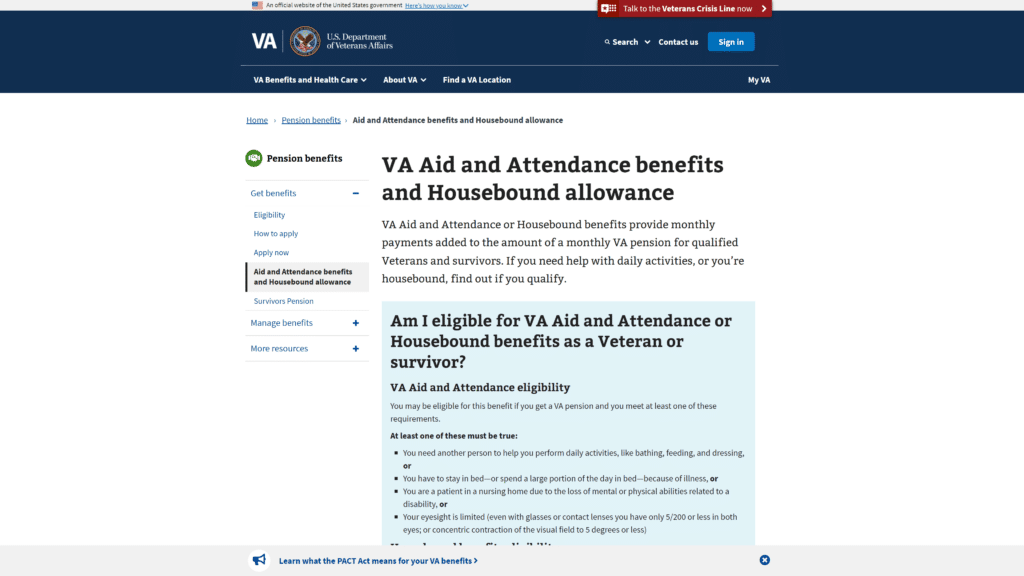 A screnshot of the VA Aid and attendance homepage