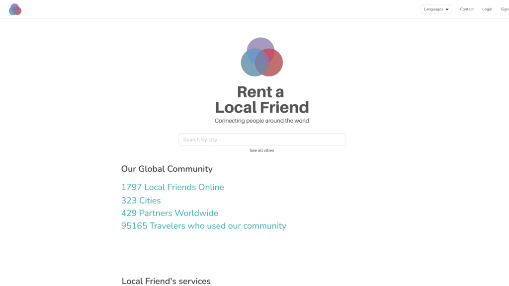 A screenshot of the rent a local friend homepage