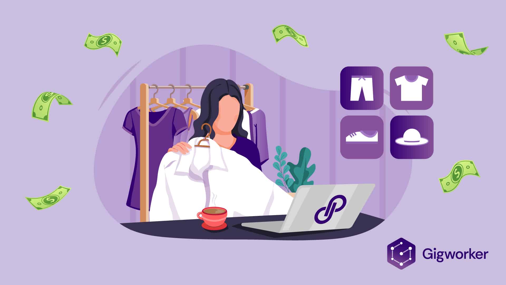 vector graphic showing an illustration of a woman learning to make money on poshmark