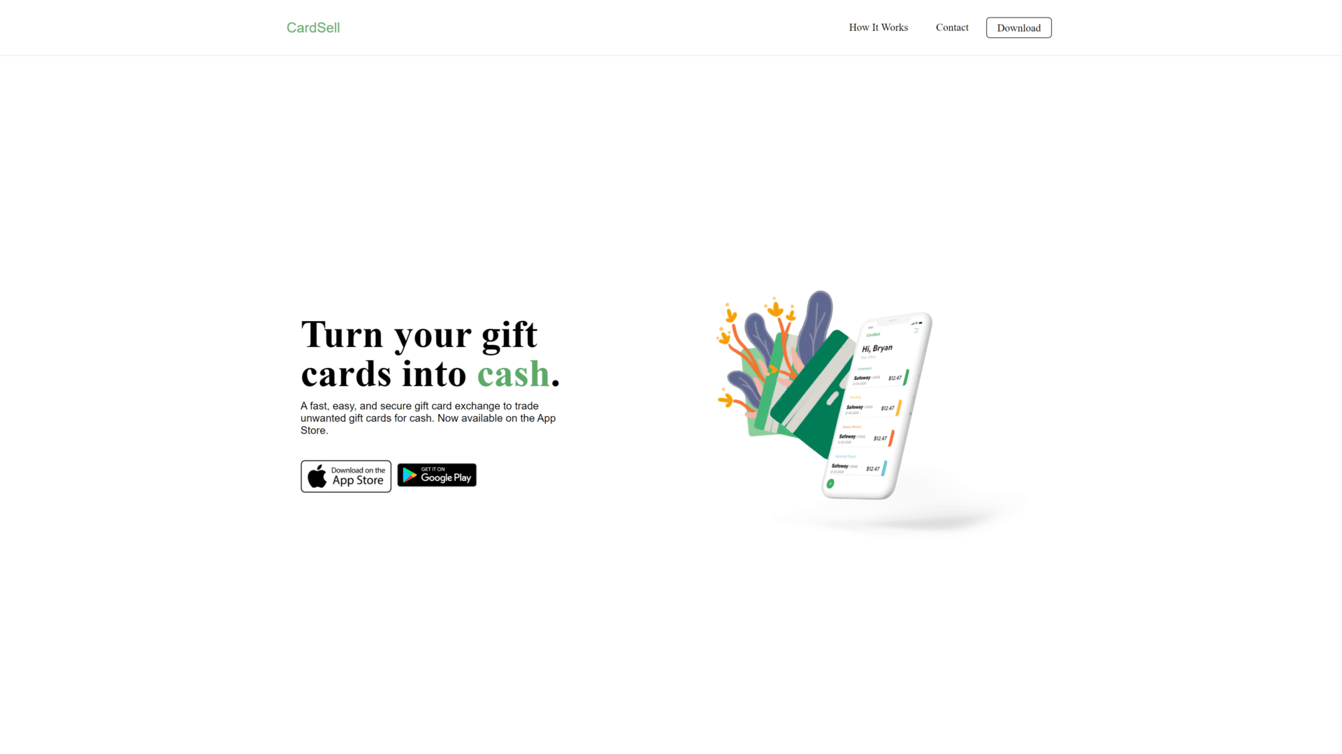 A screenshot of the card sell homepage