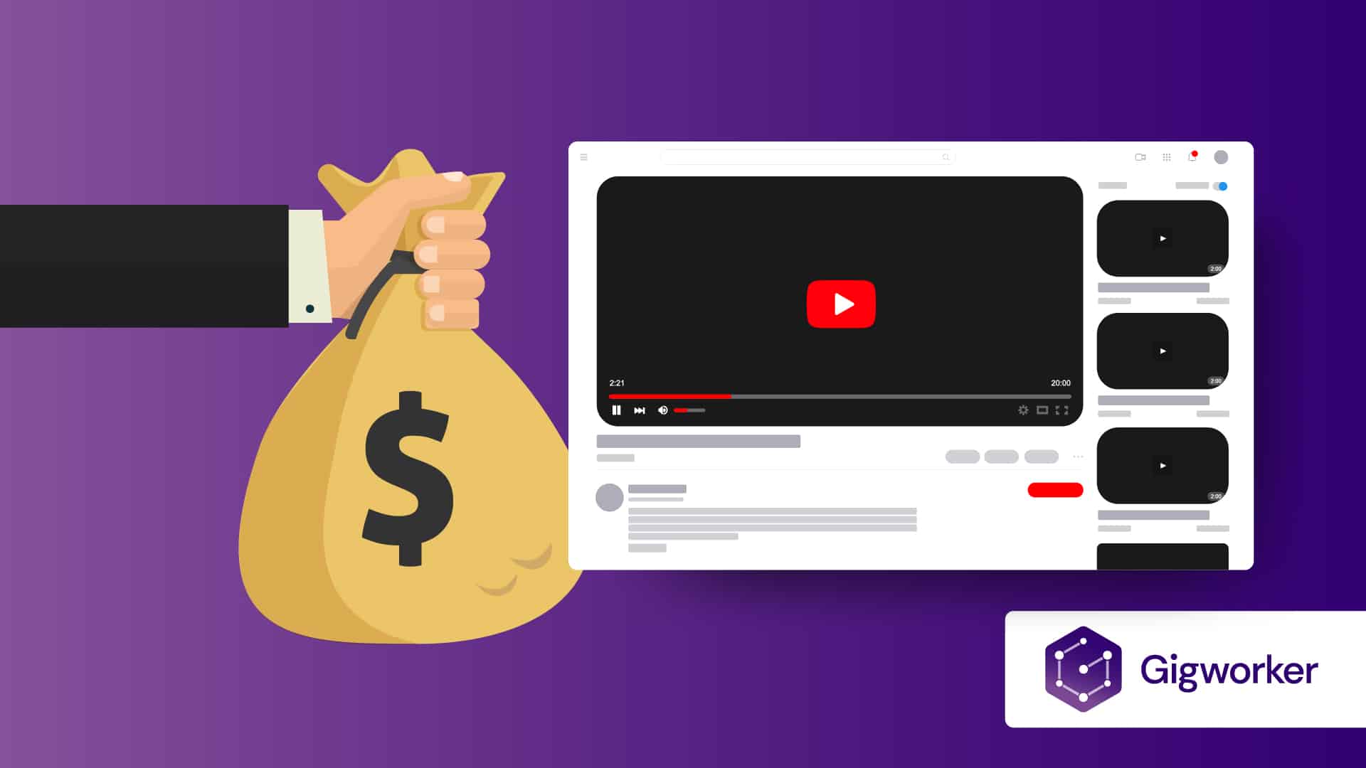 vector graphic showing an illustration of a hand holding a bag with a dollar sign and shows how to get paid to watch youtube videos