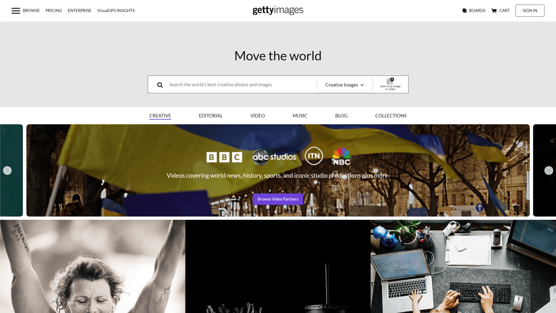 A screenshot of the getty image homepage