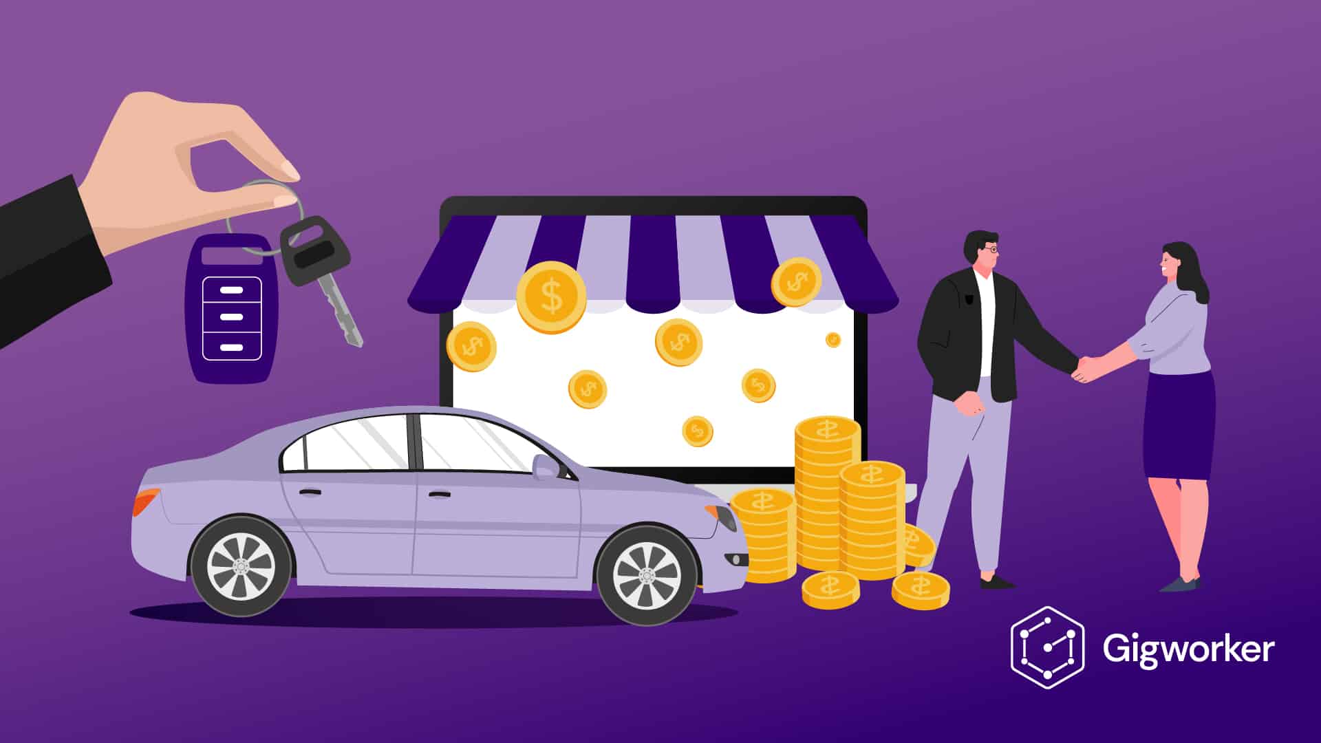 vector graphic showing an illustration of men knowing how to sell a car