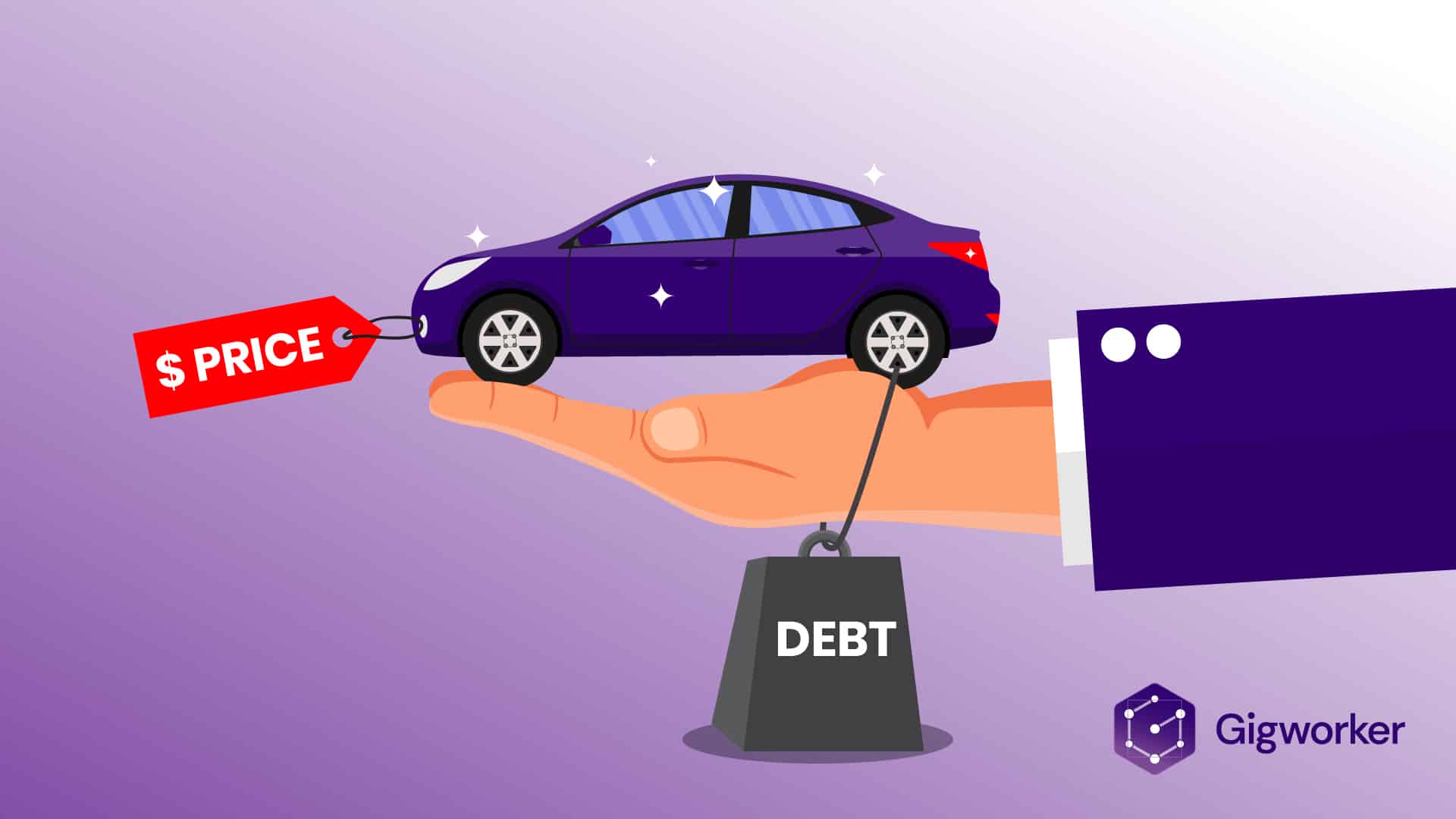 vector graphic showing an illustration of a hand showing how to sell a car with a loan