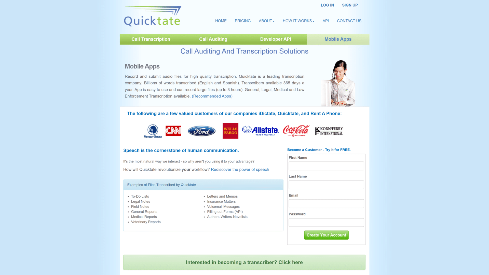 A screenshot of the quicktate homepage