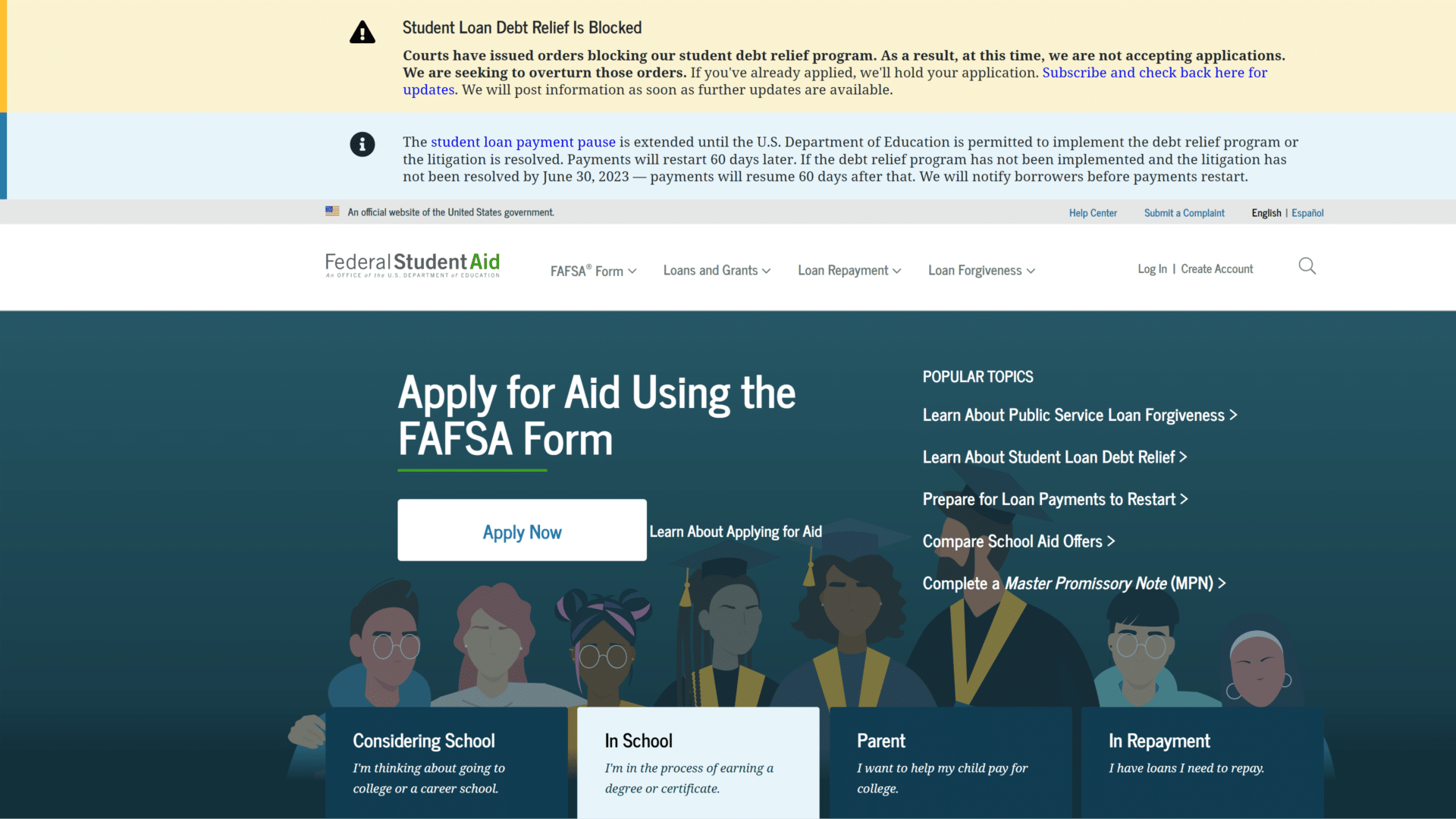 screenshot of the federal student aid homepage
