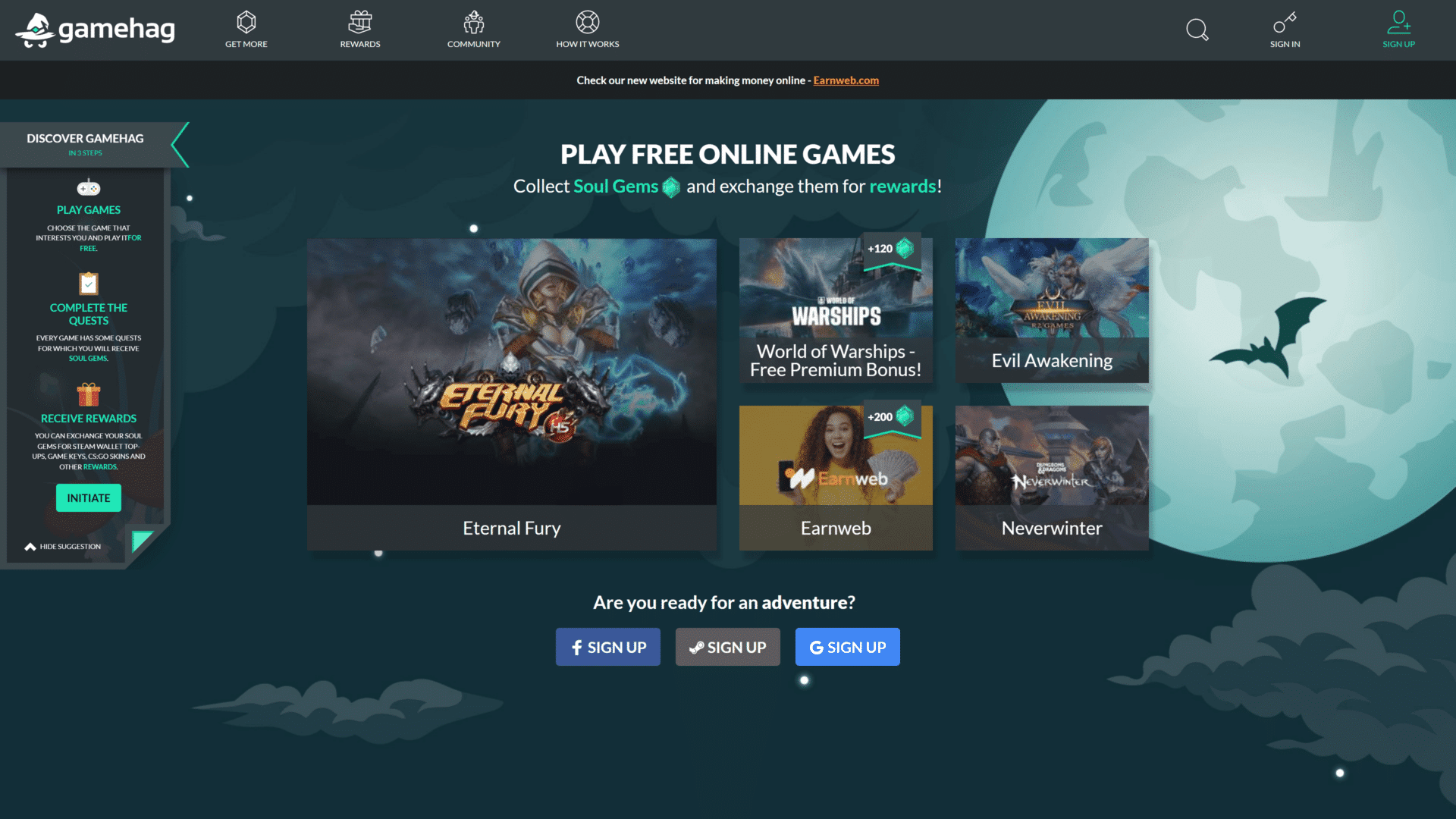 screenshot of the gamehag homepage