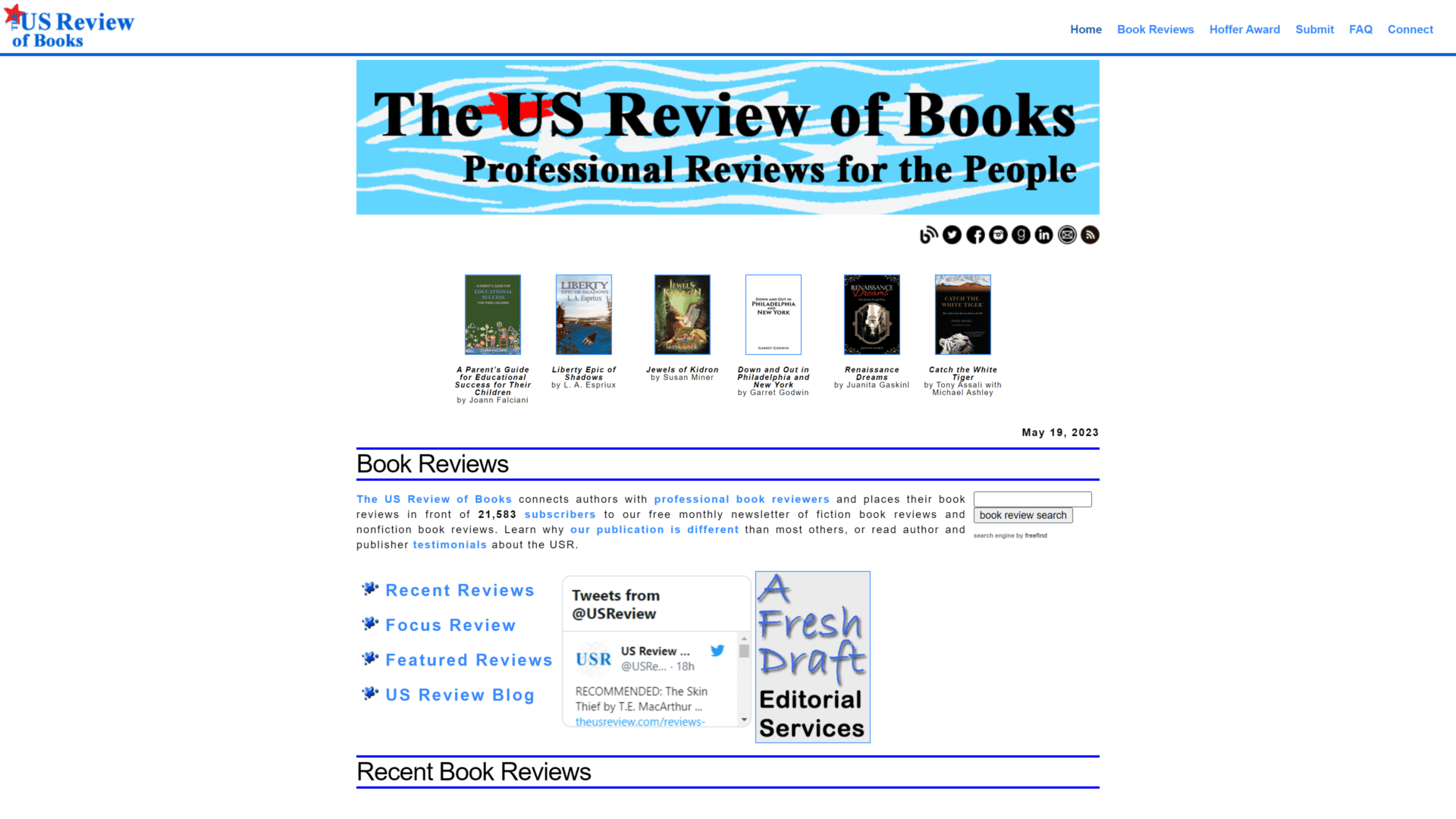 screenshot of the US review of books homepage