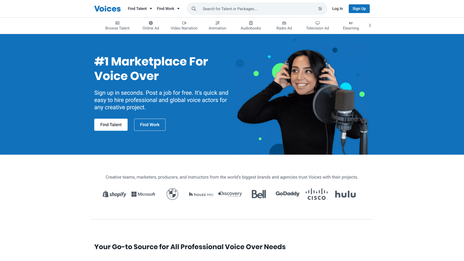 screenshot of the voices.com homepage