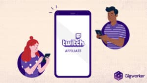 vector graphic showing an illustration of people and a phone graphics related to how to become a twitch affiliate
