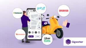 vector graphic showing an illustration of a person searching for the best delivery apps to work for