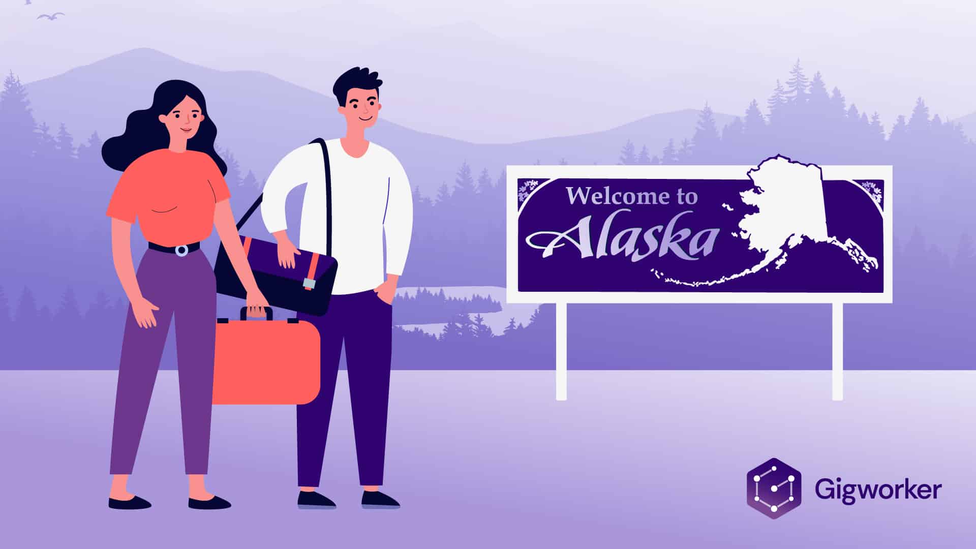 vector graphic showing an illustration of people getting paid to live in alaska