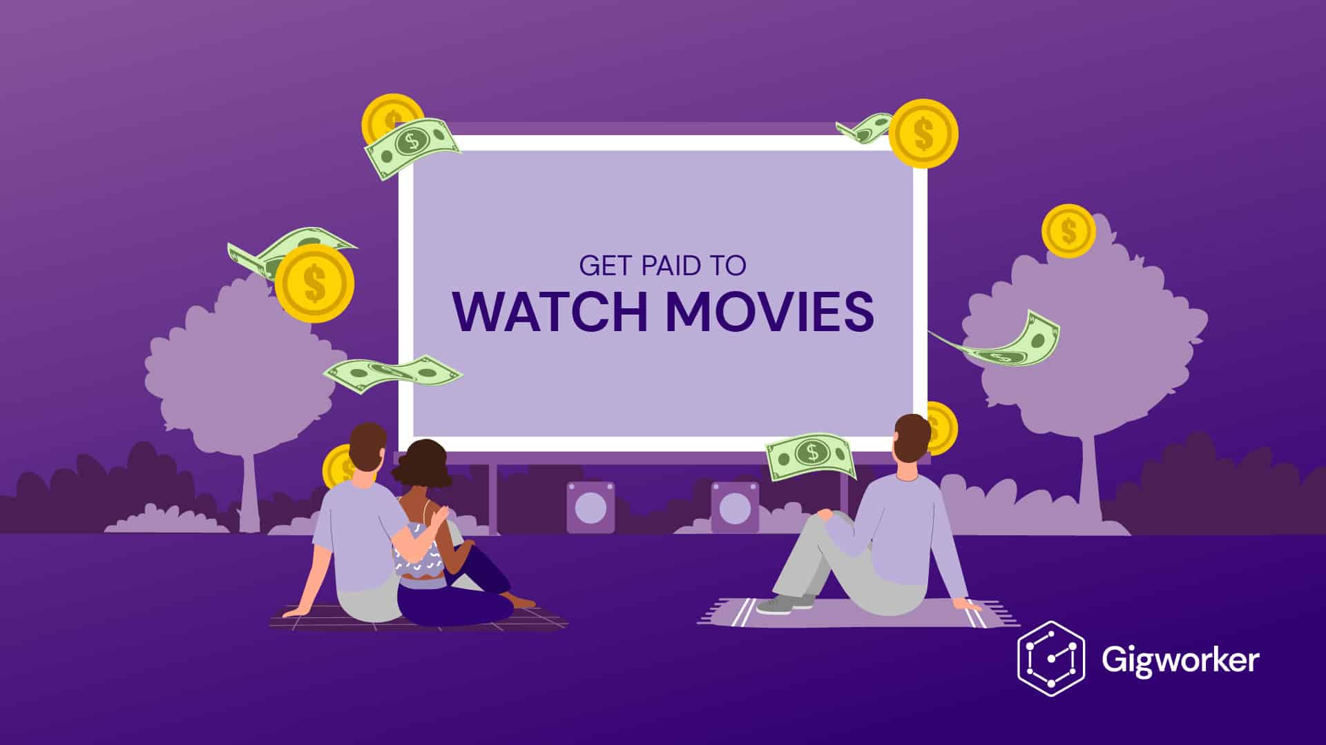 vector graphic showing an illustration of people getting paid to watch movies