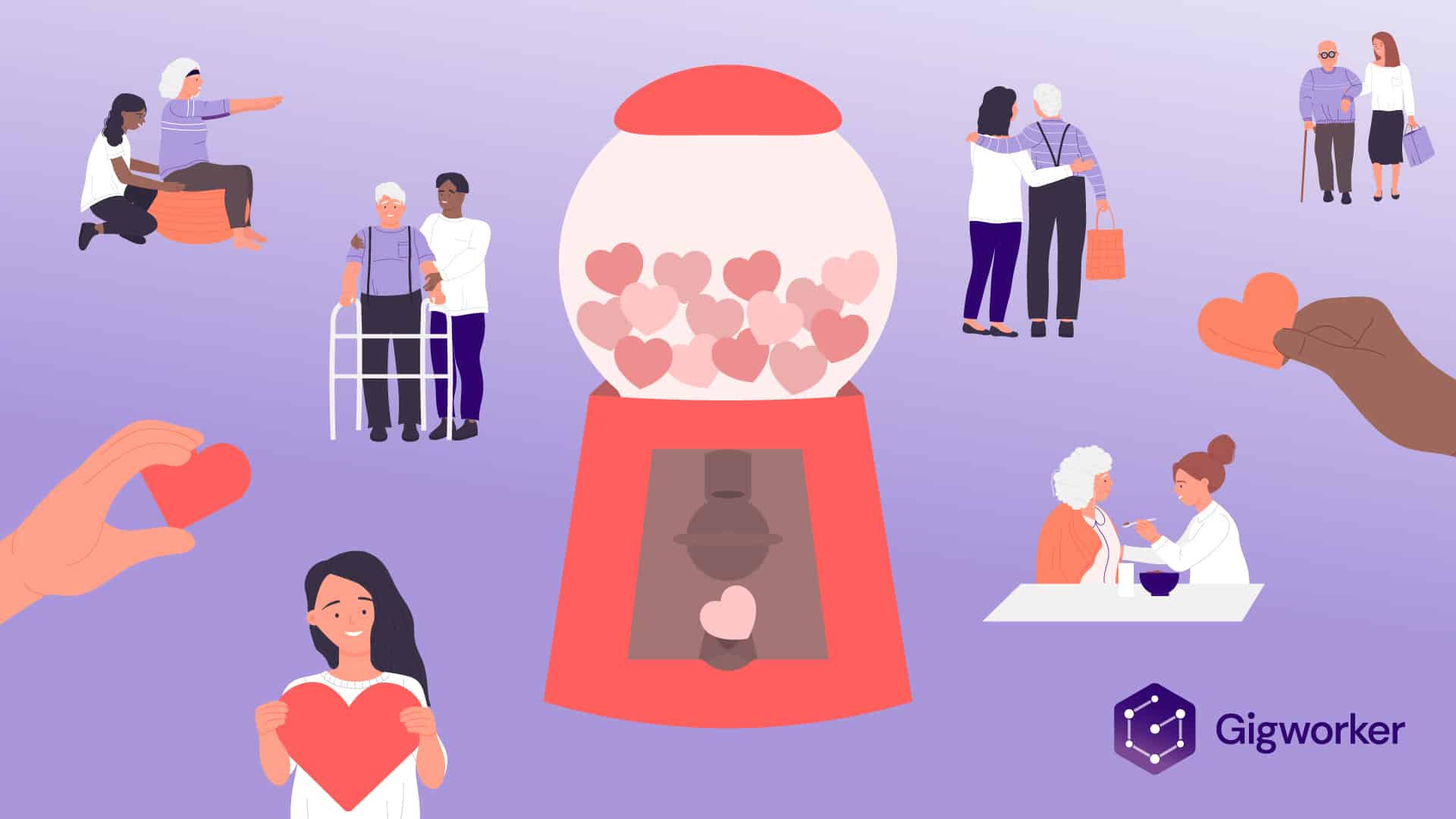 vector graphic showing an illustration of different people taking of the elderly to show how to become a caregiver