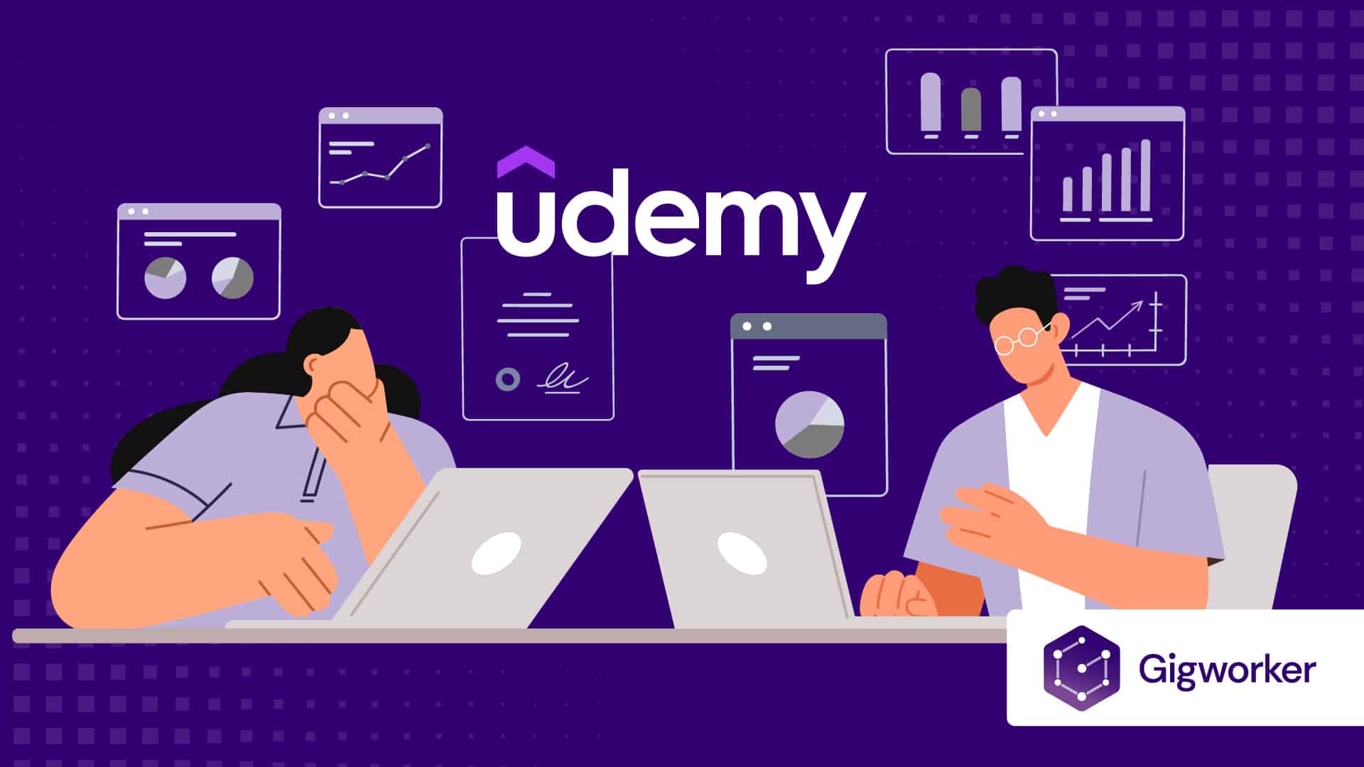 vector graphic showing an illustration of people learning how to make a udemy course