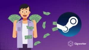 vector graphic showing an illustration of a guy holding money graphics related to how to make money on steam
