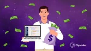 vector graphic showing an illustration of a man holding a laptop and a bag of money graphics related to how to make money money selling software