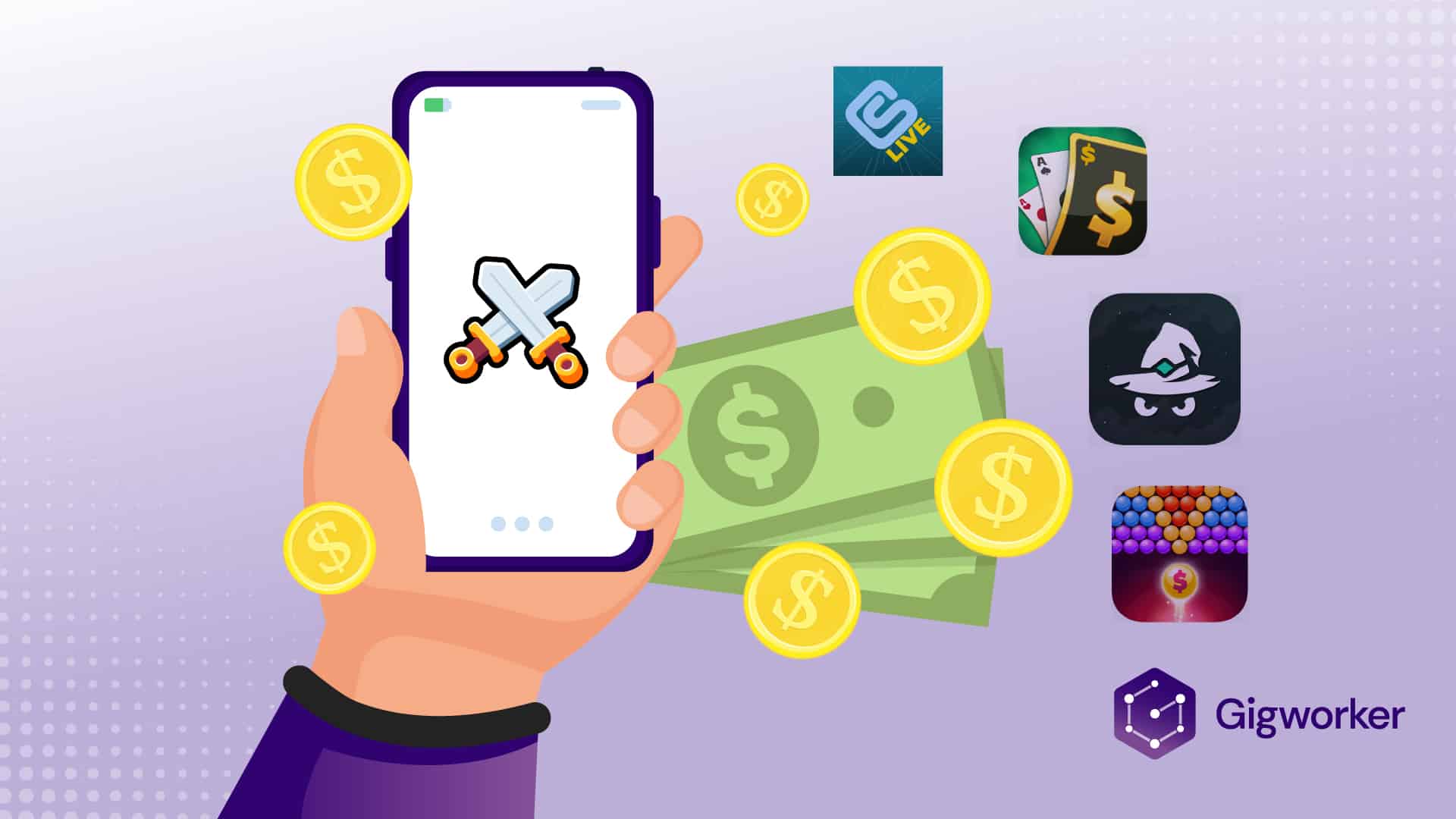 vector graphic showing an illustration of a hand holding a phone surrounded by ios games for money apps