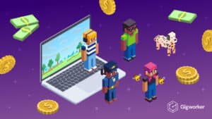 vector graphic showing an illustration of minecrafts and a laptop related to make money on minecraft